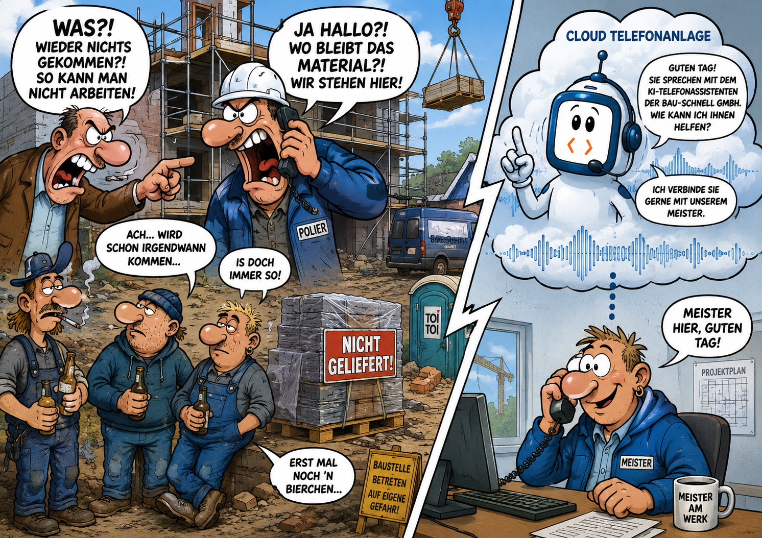 Cartoon einer Baustelle als Beispiel für Alarmstufe Rot im Handwerk
